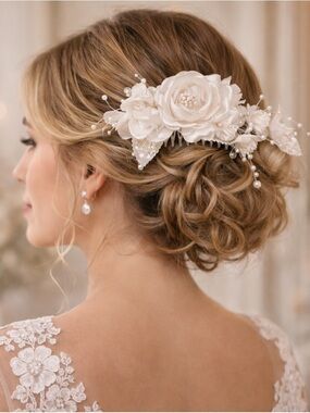 Austrian Crystal Floral Hair Comb | Bridal White Pearl Tiara Clip